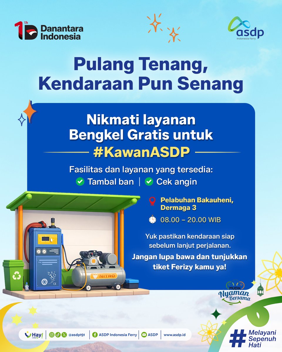 asdp191's tweet photo. Perjalanan balik makin tenang, kendaraan pun ikut senang 🚗✨
Sebelum lanjut perjalanan, pastikan kondisi kendaraan tetap prima biar perjalanan tetap aman dan nyaman.

Manfaatkan layanan bengkel gratis di Pelabuhan Bakauheni, Dermaga 3, mulai dari tambal ban hingga cek angin semua ada di sini! Jangan lupa bawa tiket Ferizy kamu ya 😉

#NaikFerryMakinHappy #JelajahiNusantaraBersamaASDP #MelayaniSepenuhHati
