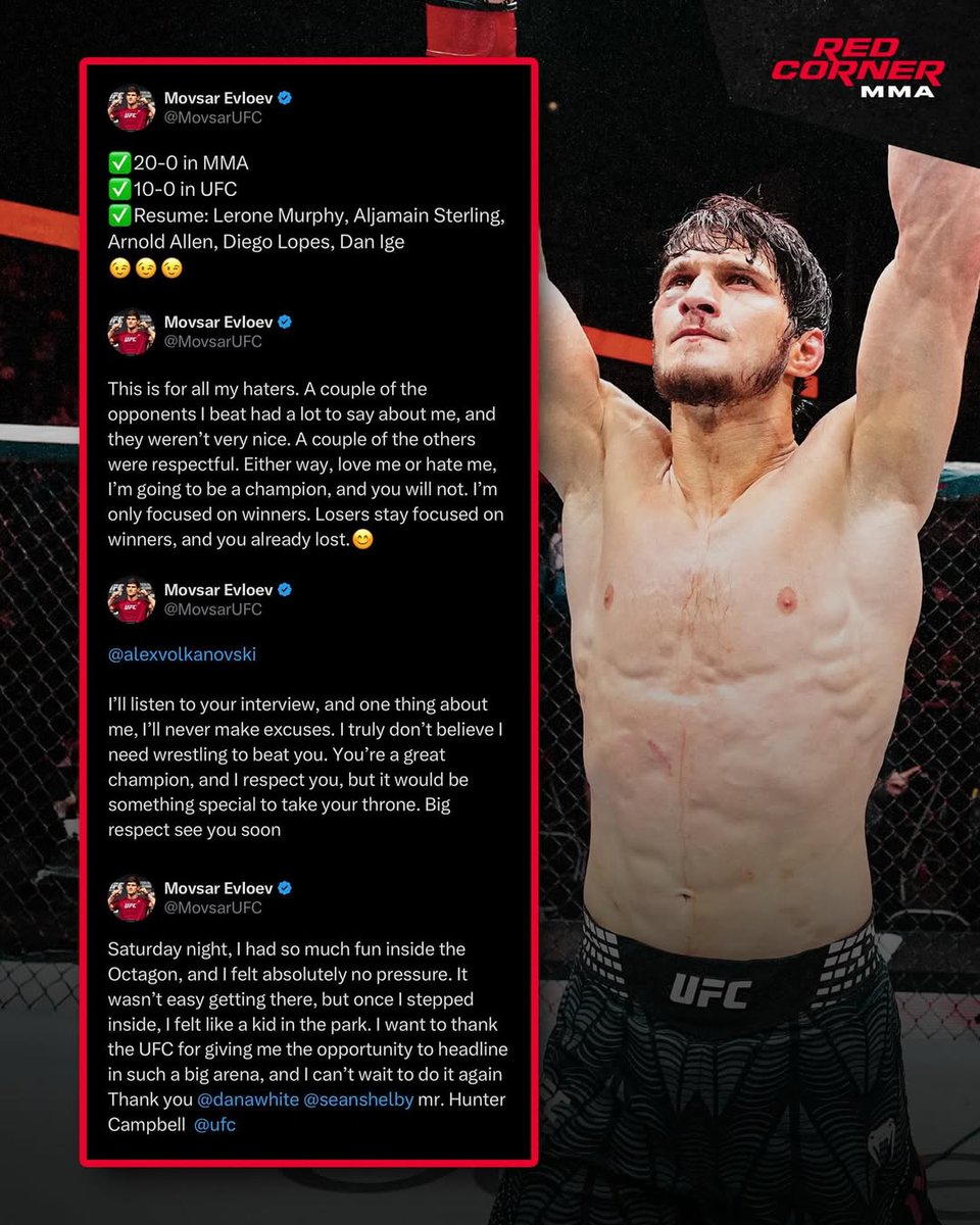 🚨 Movsar Evloev takes to X following his win at #ufclondon to remain undefeated and undoubtedly earn himself a title shot.
Evloev thanks the UFC for the opportunity to headline a card, makes his case for getting the title shot, and sends the current 145 champion, Alexander