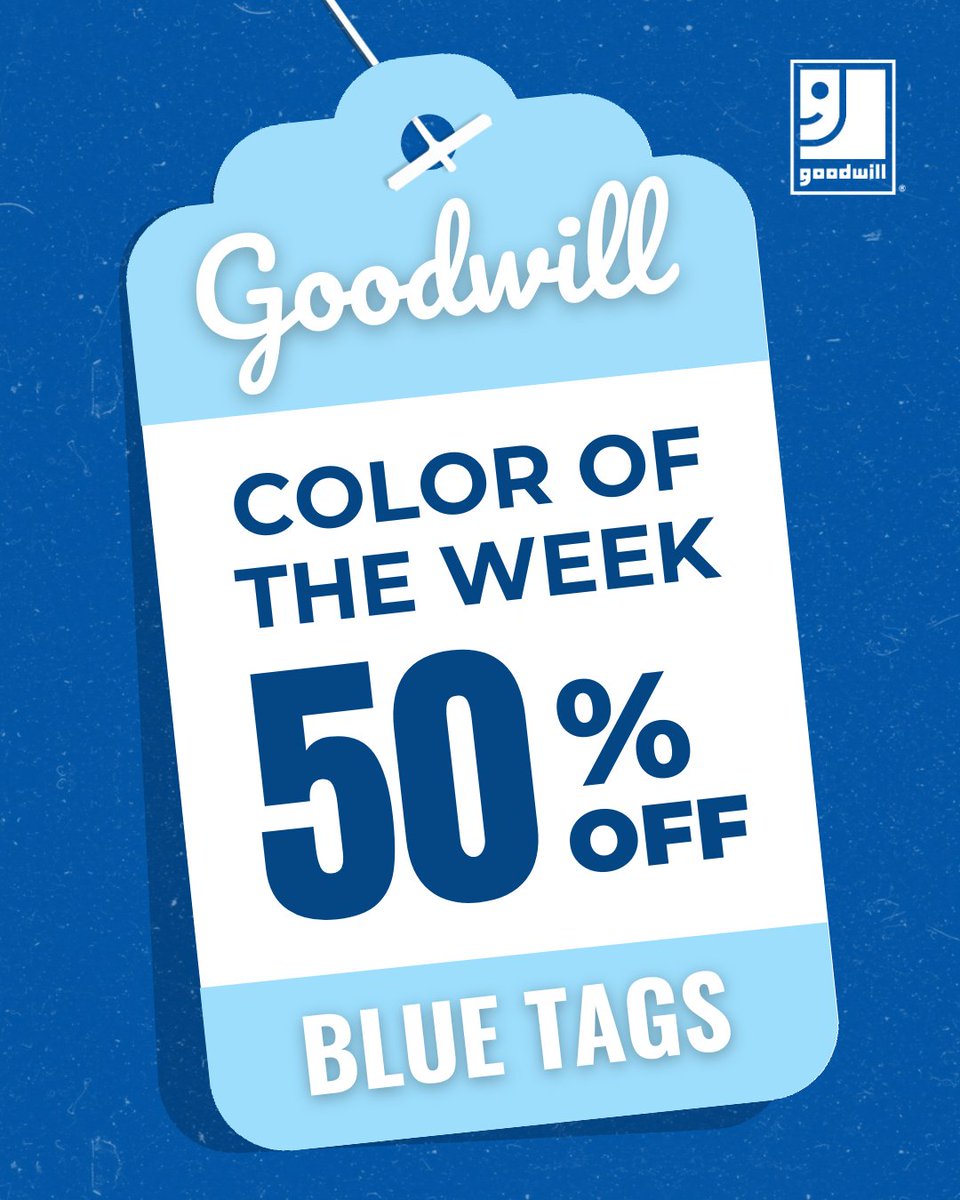 goodwillsa's tweet image. The Color of the Week is 💙 BLUE! 💙 Take 50% off all blue-tag items. 🏷️

To find a Goodwill store near you, visit goodwillsa.org/locations/  🔗

#Goodwill #GoodwillSanAntonio #GoodJobEveryone👍 #Thrift #Thrifting