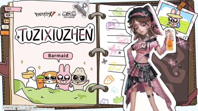 Dear Visitors,
Soft and cuddly, TUZIXIUZHEN leaps into Oletus Manor with elegant grace. She's bringing a fantastical concoction to mix up a special happiness just for this encounter.
Identity V x LiPU FRiEND Crossover [A Costume] Barmaid - TUZIXIUZHEN Available in the shop on 