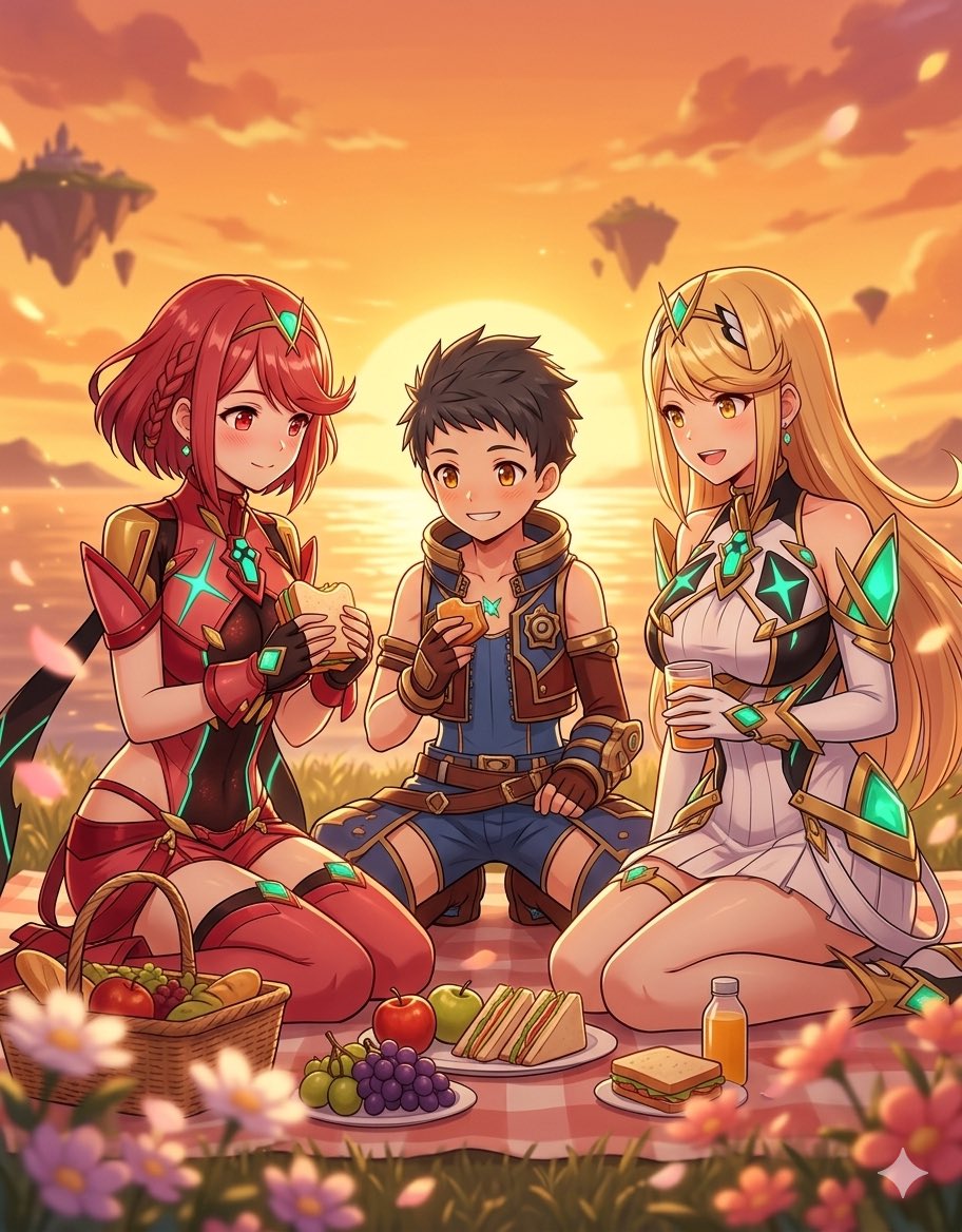 pami0358's tweet photo. リベラリタス島嶼群にて
ピクニックのホムラ（Pyra）とヒカリ（Mythra）　レックス（Rex）part4

サルベージャーの仕事終えてレックスが合流してピクニックを楽しむ

#AIイラスト #AIart #ホムラ #Pyra 
#XenobladeChronicles2 
#ゼノブレイド2 #ヒカリ
#Mythra 
#AIイラスト好きさんと繋がりたい https://t.co/ZAPWGmsM6n