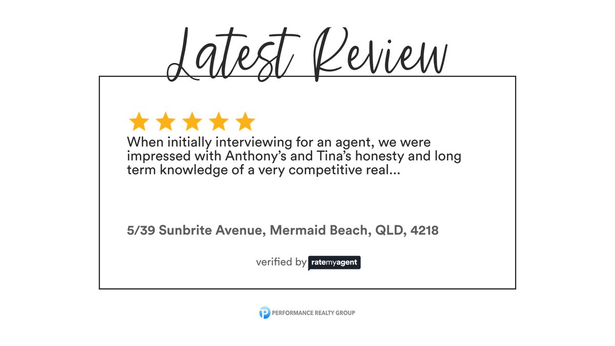 Our agent’s latest RateMyAgent review in Mermaid Beach
Queensland Real Estate Licence 3281585
rma.reviews/cr4jzwbxle93

...
#ratemyagent #realestate #Performance_Realty_Group