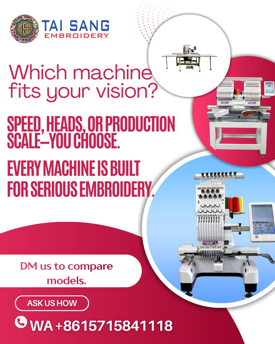 TaiSangCN's tweet image. Which machine fits your vision?
Speed, heads, or production—you choose the scale. 🧵
Tai Sang Embroidery Machines are built for serious embroidery and real growth. 🚀
wa.me/8615715841118
#TaiSangEmbroidery #SeriousEmbroidery #EmbroideryMachines #BuiltForProduction #business