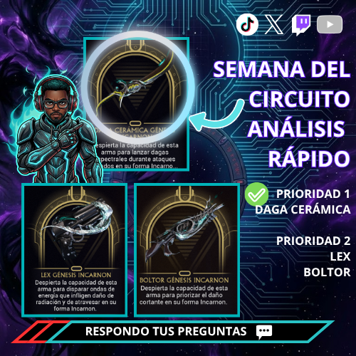 BlacSark's tweet photo. 🔥 ¡Semana de INCANNON brutal!
1️⃣ Daga Cerámica: El mejor stat-stick del juego (combo infinito) 🗡️.
2️⃣ Lex: Un cañón de mano que borra pasillos enteros 🔫.
¡Prioriza estas dos para romper el juego! 💥
#Warframe #SteelPath #tennocreate https://t.co/uPTPEGzEv2