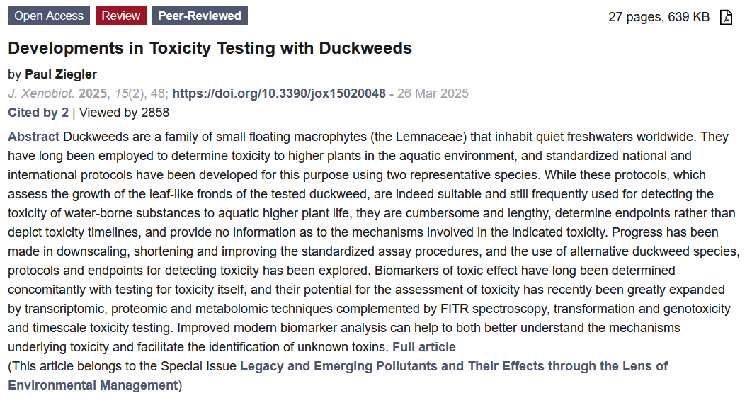 JoxMdpi's tweet image. 🌿 Developments in Toxicity Testing with Duckweeds
✍️ Dr. Paul Ziegler
🔗 mdpi.com/3241914

#Toxicology #Duckweed #EnvironmentalScience #Biomarkers #Ecotoxicology