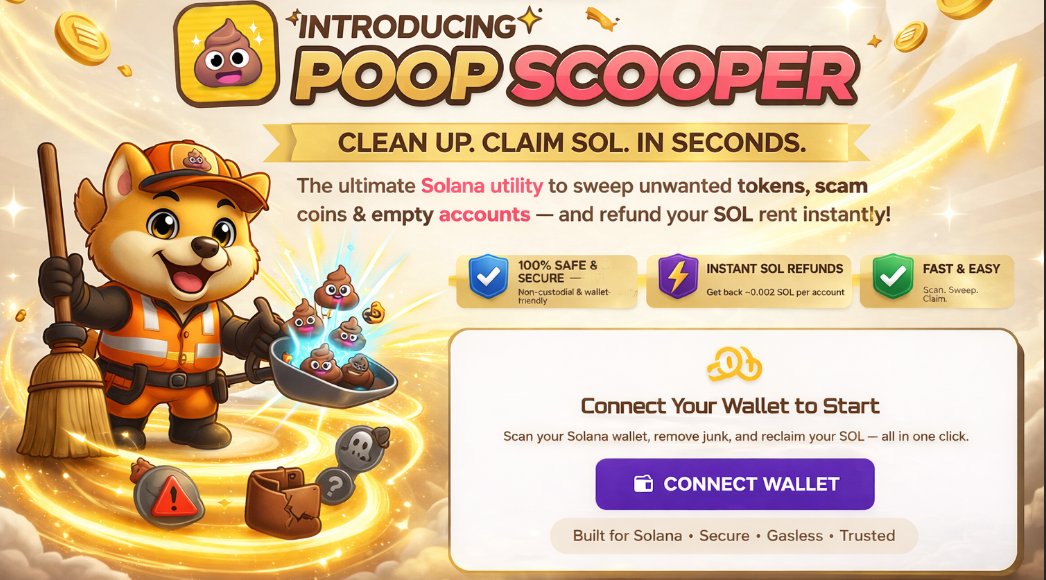 Use Poop Scooper to clean out unwanted tokens, scam coins, or empty accounts and reclaim your SOL rent directly through kobecoin.org. Just connect your Solana wallet, scan your account, and recover SOL with a simple, streamlined experience built for convenience and