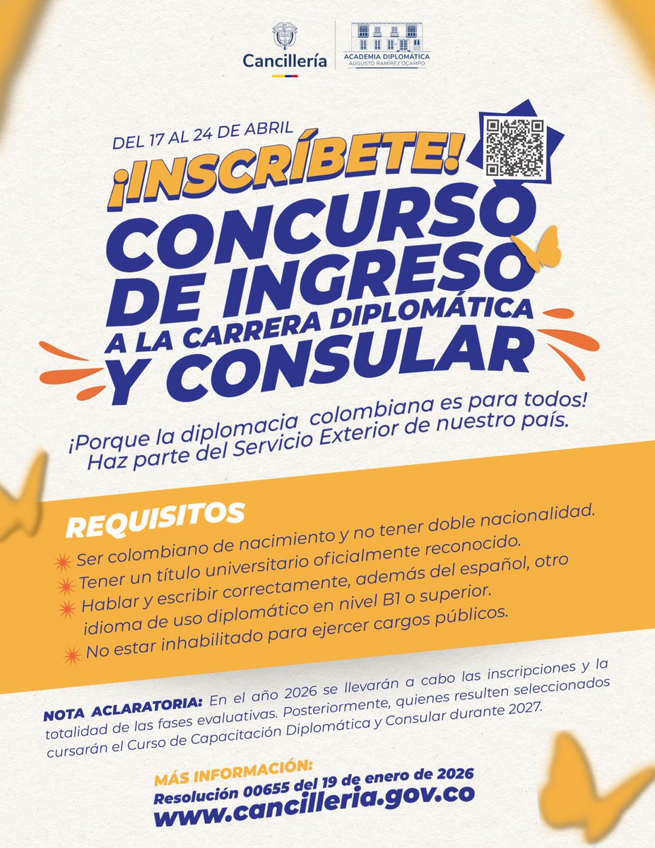 Inscribete al Concurso de Ingreso a la Carrera Diplomática y Consular 2028 

🗓️ No olvides que del 17 al 24 de abril te podrás inscribir aquí: 
cancilleria.gov.co/academia-diplo…