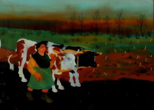 DanielS37186833's tweet image. Od Kalja, Nebosja. “Farm Woman Driving Two Oxen Pulling a Plow in a Field.” Hamilton College Museum of Art. Objeto de colección curatorial. Siglo XX.