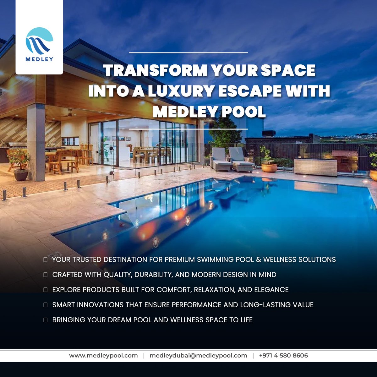 Medleypool22258's tweet image. Transform your home into a luxurious retreat with Medley Pool 📷

#MedleyPool #LuxuryLiving #SwimmingPoolDesign #HomeUpgrade #OutdoorLiving #WellnessSpace #LuxuryHomes #PoolDesign #DreamHome #ModernLiving #RelaxInStyle #PoolLife #ElegantSpaces #HomeInspiration #DubaiLiving