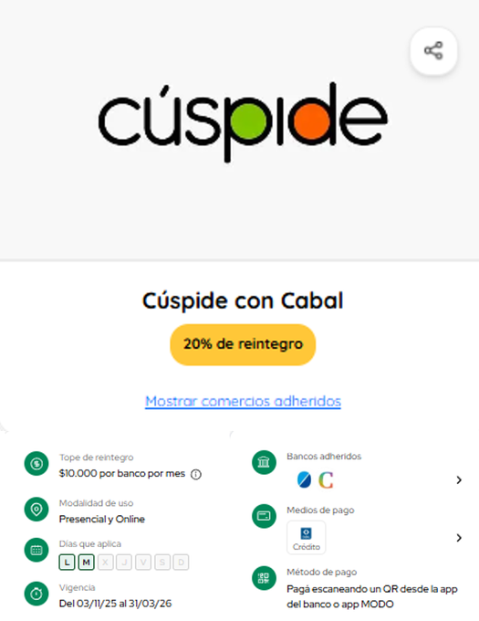 ahorrotwit's tweet photo. Lunes y Martes hasta Marzo con @MODO_ARG y tus tarjetas de credito #Cabal de @BancoCiudad y #Credicoop tenes un 20% en #Cuspide 📔 con tope de $10.000 x banco x mes📙 https://t.co/tzT9xIzuHk
