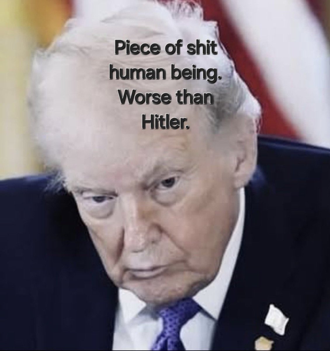 artim942's tweet photo. @OneBadDude_ @realDonaldTrump bro stfu. no one buying it.

he's a pedo criminal and traitor to the US who should be removed and put on  trial. https://t.co/tHR73WfeYI