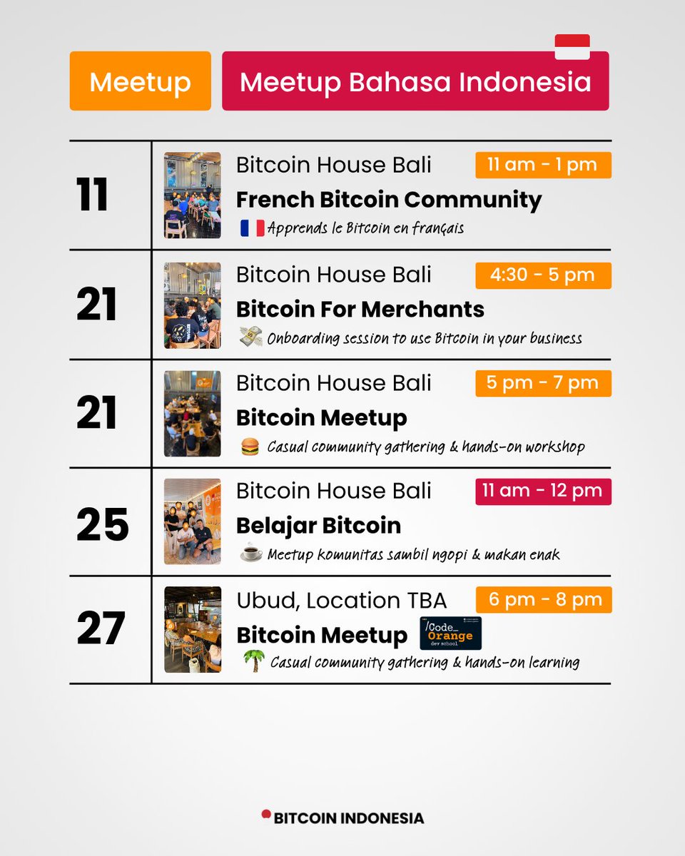 btchousebali's tweet photo. April in Bali Bitcoin Island!🏝️
🧡 Bitcoin meetups across the island
📲 Hands-on beginner workshop
🇮🇩 Meetup in Bahasa w/@bildalacryp 
💸 Bitcoin for merchants
👨‍💻 BitDevs workshop w/
@codeorangedevs
🎲 Games Night
🇫🇷 French Bitcoin Community Meetup
📚Daily walk-in learning https://t.co/oYc8XY3I3w