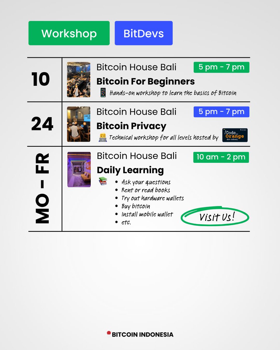 btchousebali's tweet photo. April in Bali Bitcoin Island!🏝️
🧡 Bitcoin meetups across the island
📲 Hands-on beginner workshop
🇮🇩 Meetup in Bahasa w/@bildalacryp 
💸 Bitcoin for merchants
👨‍💻 BitDevs workshop w/
@codeorangedevs
🎲 Games Night
🇫🇷 French Bitcoin Community Meetup
📚Daily walk-in learning https://t.co/oYc8XY3I3w