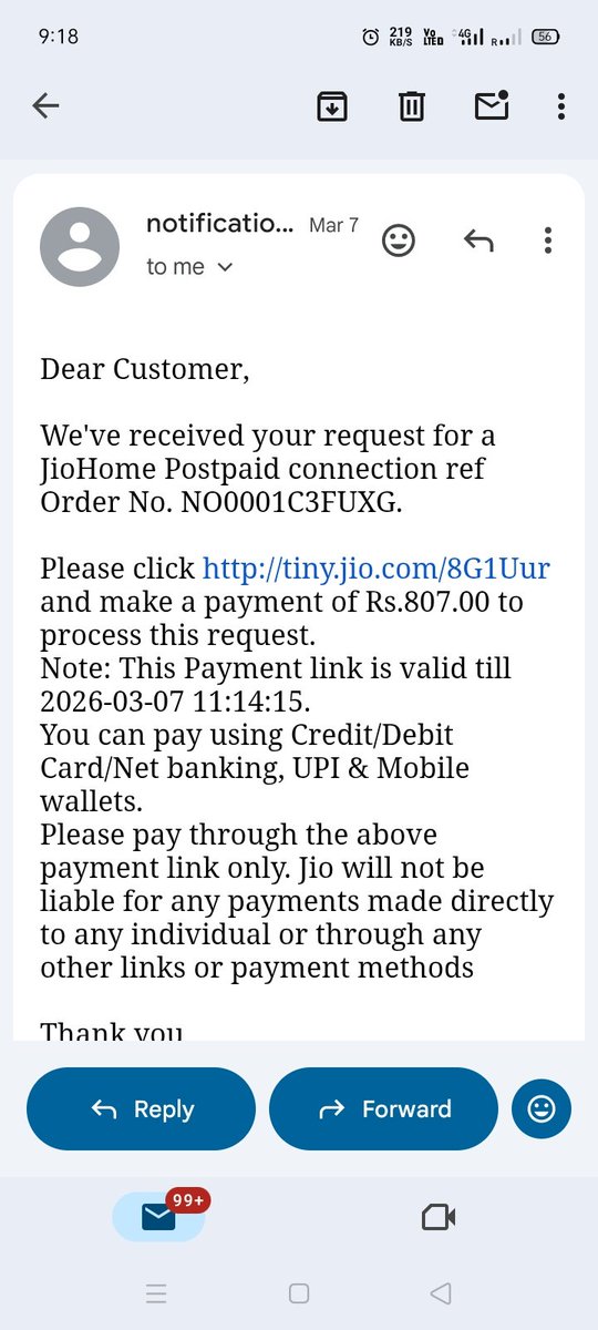 sonaliankit25's tweet photo. I sended the request to jio for jio Air fiber wifi and I paid the amount 807 and That person told me you will receive a message or call after that one person will came to installation but I am waiting last 15 days no one came for installation,I request all Don't take jio airfiber https://t.co/wILQOQ9P9Y