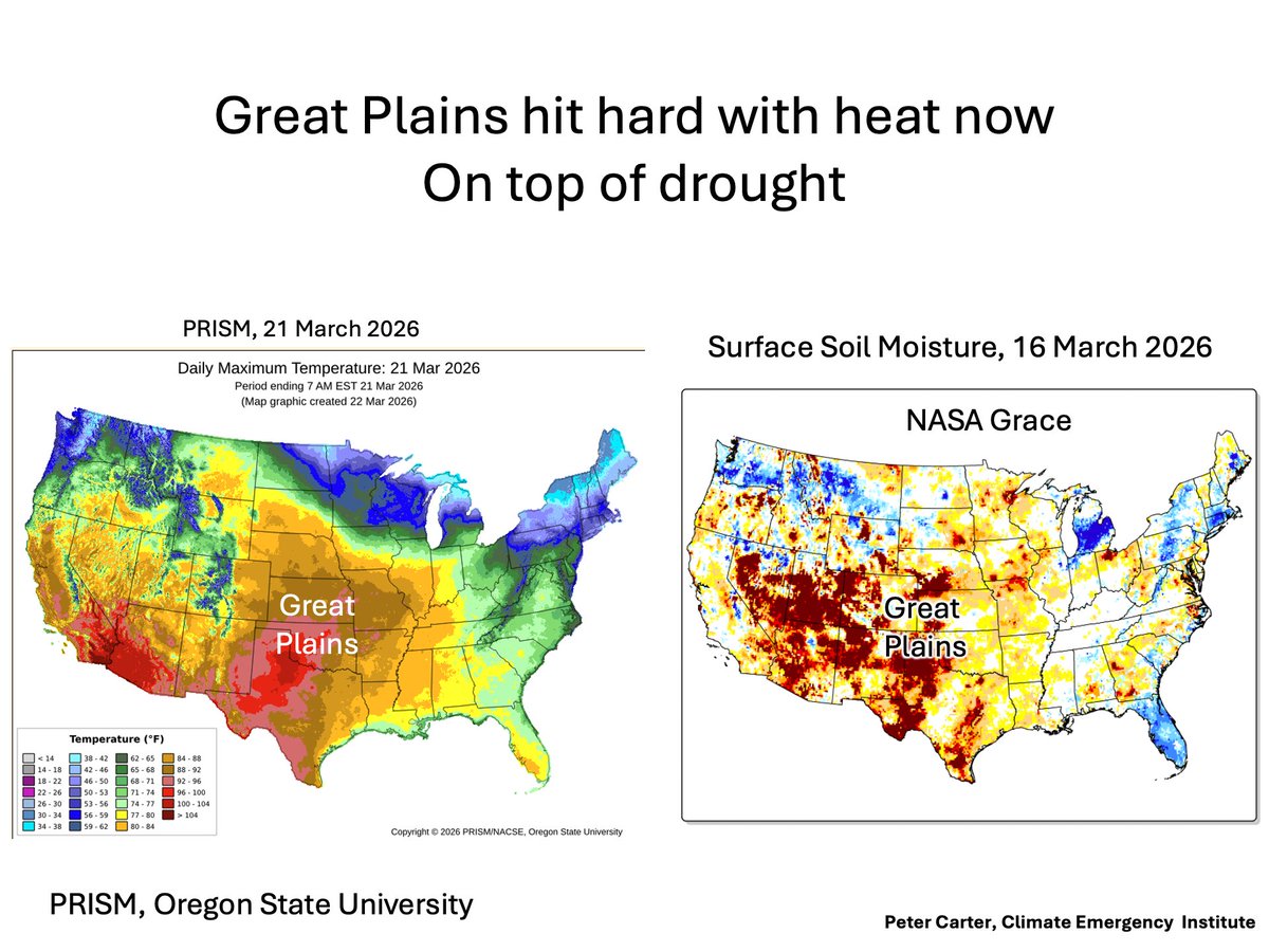 PCarterClimate's tweet image. GREAT PLAINS-- HEAT ON TOP OF DROUGHT
The March heat dome has moved over the Great Plains, which has been in drought since December 2025.
Looking bad for agriculture 
prism.oregonstate.edu/data/
#drought   #heat   #climatechange