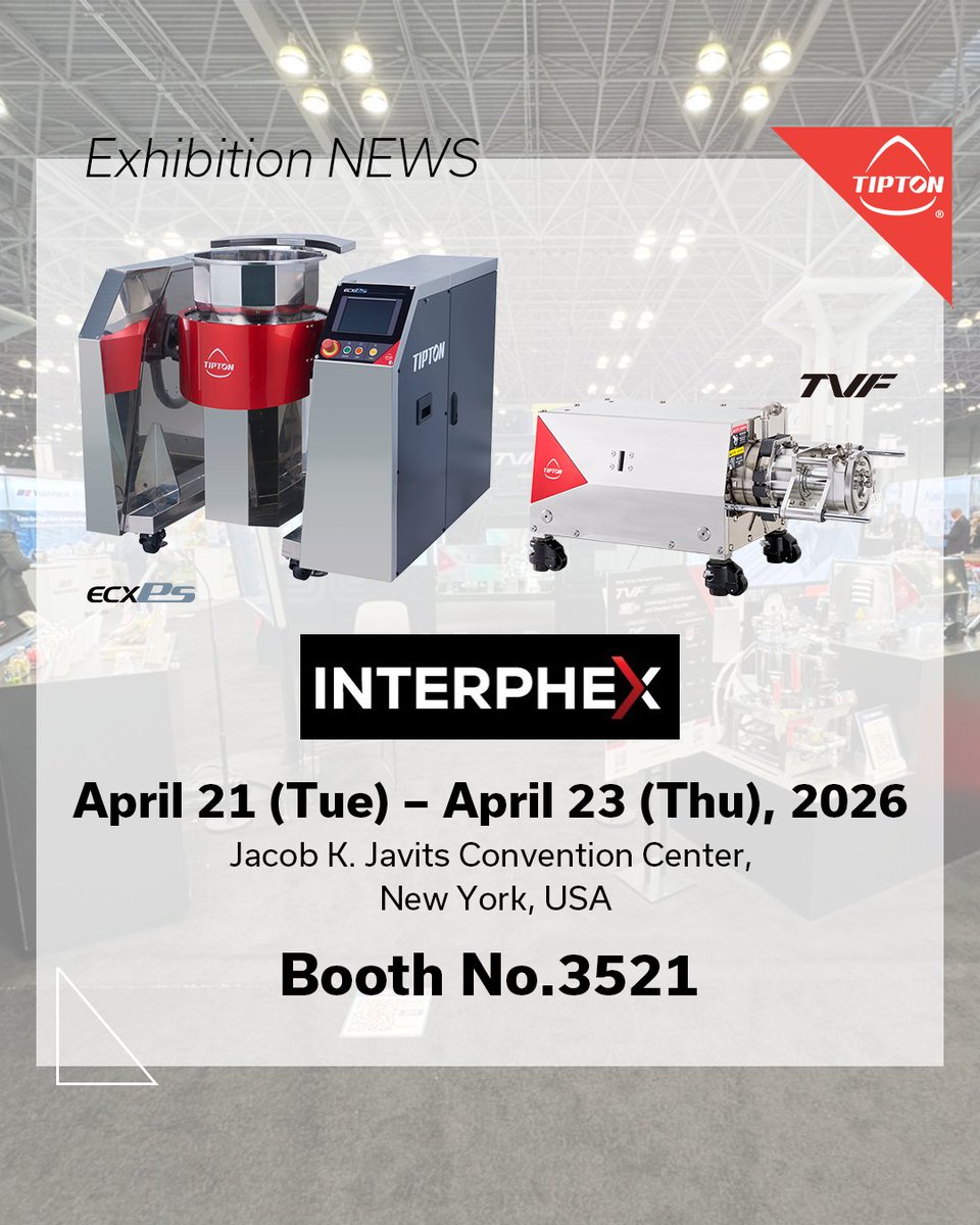 tipton_corp's tweet photo. Exhibiting “TVF” and “ECX” at INTERPHEX 2026 in New York📣

📆Dates: April 21 (Tue) – April 23 (Thu), 2026
📍Venue: Jacob K. Javits Convention Center, New York, USA
📍Booth No.: 3521

We look forward to welcoming you at our booth✨
#interphex #coatingmachine #nanoreactor #tipton https://t.co/QnPsZOAvd4