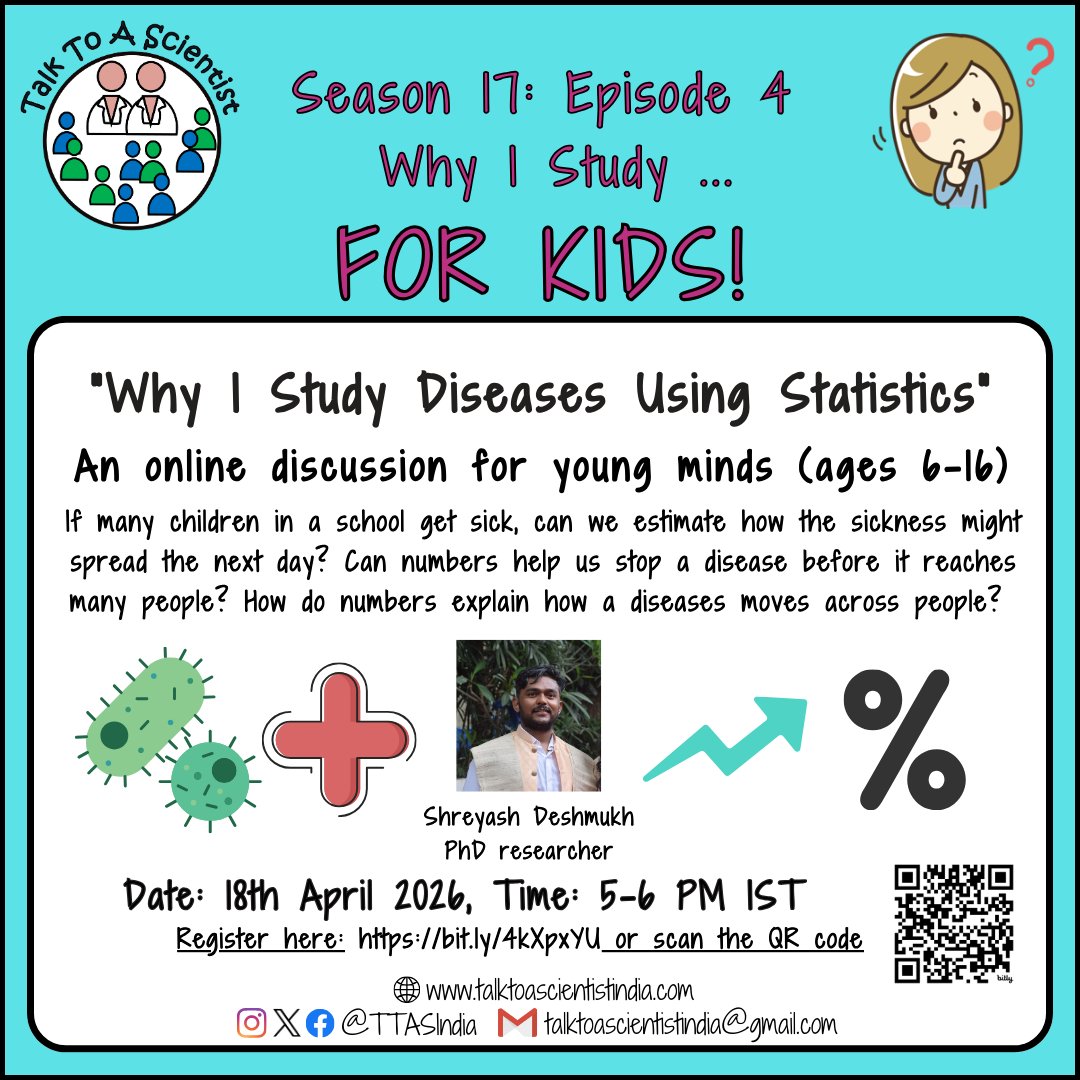 TTASIndia's tweet photo. Next up! 🦠🧮
'Why I Study Diseases Using Statistics' with Shreyash Deshmukh, PhD researcher in Decision Sciences.

#⃣How do we estimate how an infection spreads?
#⃣Can numbers help us stop a disease before it affects many people?
#⃣How does maths explain disease progression? https://t.co/IcxBvUTwoc