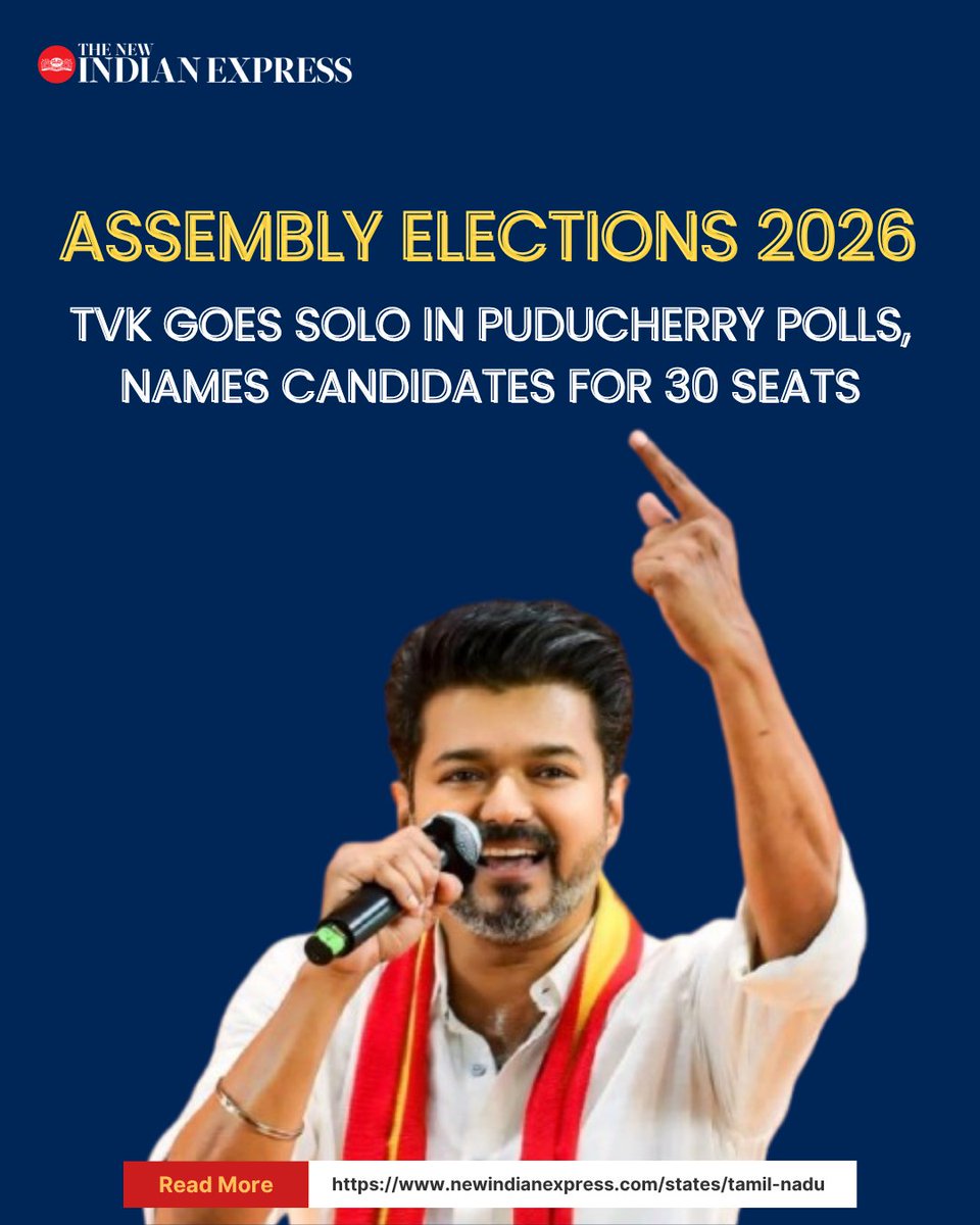 xpresstn's tweet photo. #PuducherryAssemblyElections2026 | #TVK has announced its candidates for the upcoming Assembly polls in #Puducherry.
The party said it will contest all 30 constituencies on its own.
The list includes two women who have been fielded from #Mangalam and #Kadirkamam in the #Puducherry region.
Read more here:
https://t.co/Bif2YNreIO