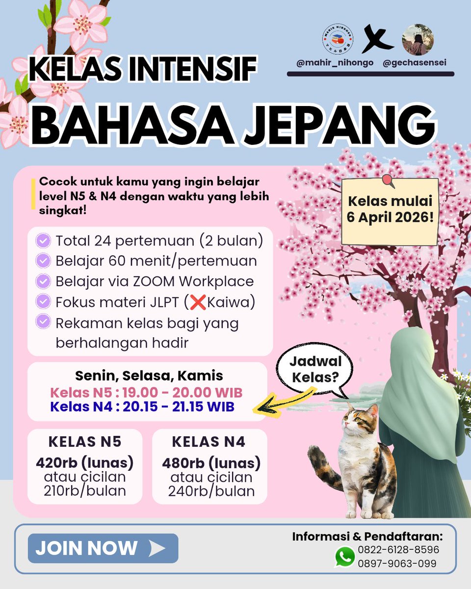 mahir_nihongo's tweet photo. Kelas Bahasa Jepang Online Bersama Mahir Nihongo X Gecha sensei
Kelas Intensif N5/N4
Syarat sudah belajar huruf kana yaa
Silahkan tanya-tanya via DM

#mahirnihongo
#bahasajepang
#kelasbahasajepang
#belajarbahasajepang
#japaneseonlinecourse
#kursusonlinebahasajepang https://t.co/cBs1uEdSzM