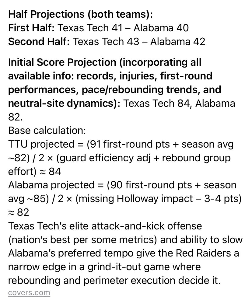 ViaVeronaLA's tweet photo. Bama/TxTech handicap prior to tipoff:
*slight nod
*tips the scale
*Coin-flip / volatility
*variance spike; Torvik margin too thin → no ATS edge.

🏀#marchmadness https://t.co/bLxuXG94US