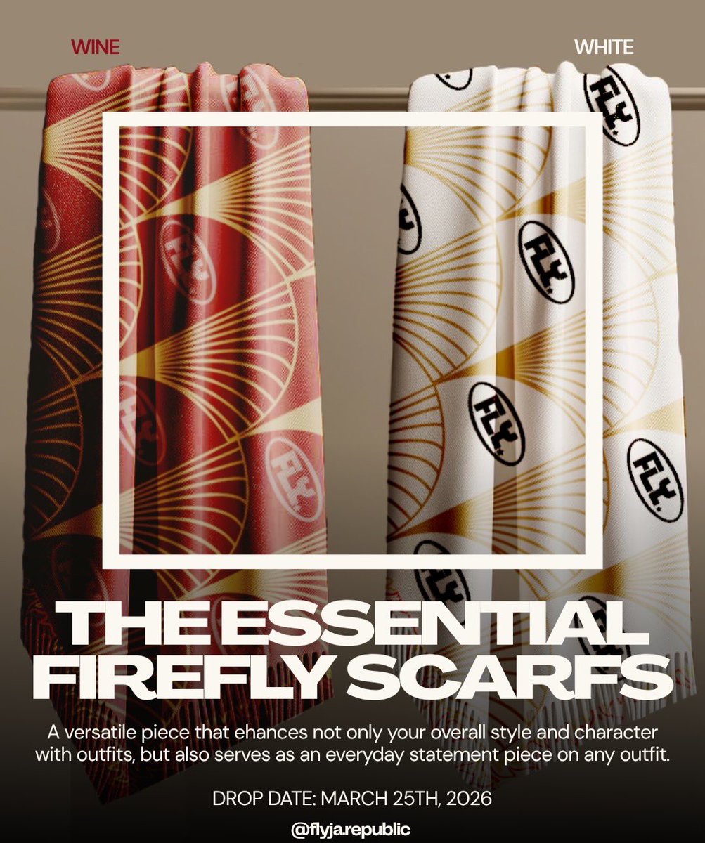 FLYAALLO's tweet photo. One of the many ESSENTIAL PIECES you should get FROM US on the 25th of MARCH is the "FIREFLY SCARFS" don't miss it
.
.
.
 #fly #clothingbrand #scarfs #fashion https://t.co/4gb4097Qrm
