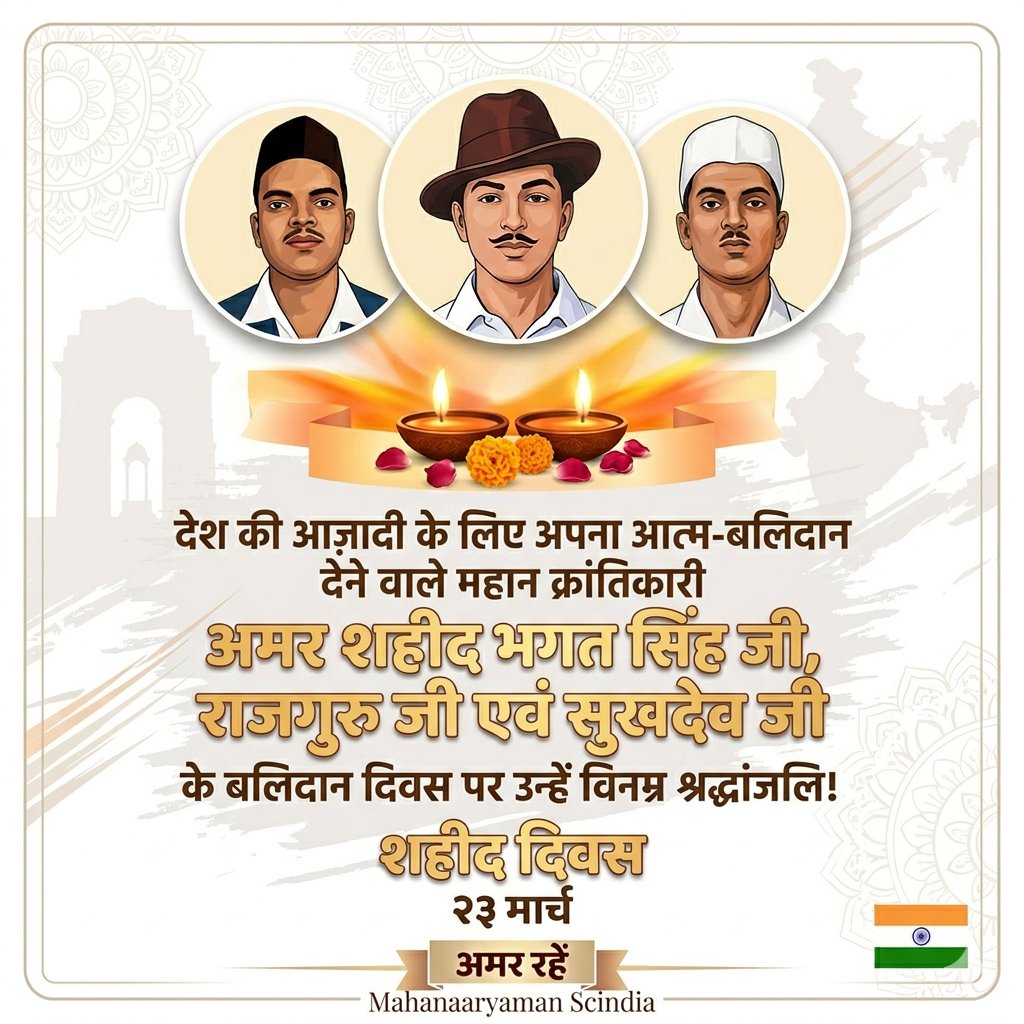 देश कि आजादी के लिए अपना आत्म बलिदान देने वाले महान क्रांतिकारी अमर शहीद भगत सिंह जी, राजगुरु जी एवं सुखदेव जी के बलिदान दिवस पर उन्हें विनम्र श्रद्धांजलि!