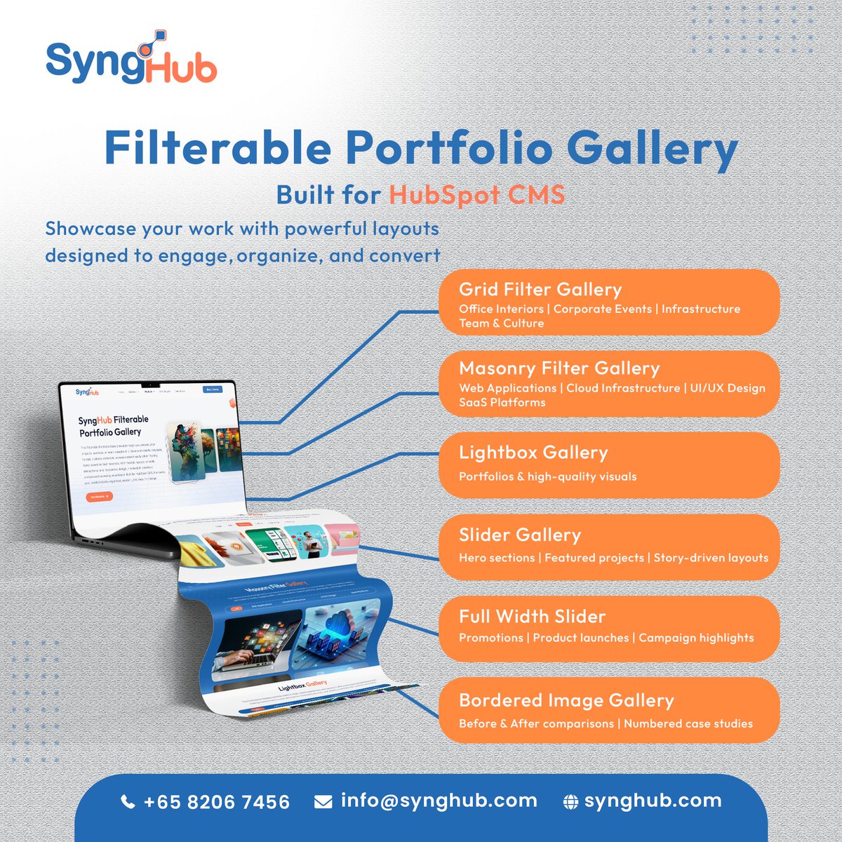 synghub's tweet photo. Build stunning portfolios with SyngHub Filterable Gallery on HubSpot CMS

Grid | Masonry | Lightbox | Sliders — all in one powerful solution
🚀 Upgrade your website today: https://t.co/KDqsQuQUtF
#SyngHub #HubSpot #WebDesign #UIUX #SaaS #WebDevelopment https://t.co/cvSRmqVagQ