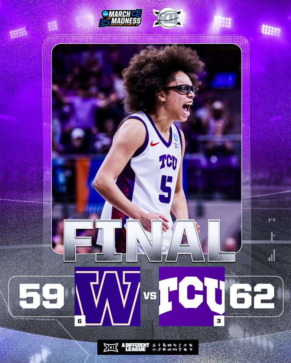 Big12Conference's tweet photo. A SWEETER PURPLE 🐸‼️

The Horned Frogs are headed back to the Sweet 16 for the 2nd straight season.

#Big12WBB | @tcuwbb https://t.co/Yx54xzZ4iV