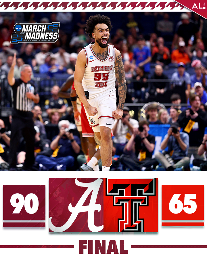aldotcomTide's tweet photo. Absolute domination as Alabama gives a beat down against Texas Tech to advance to the Sweet 16🐘

#rolltide https://t.co/Ry2picW8tZ