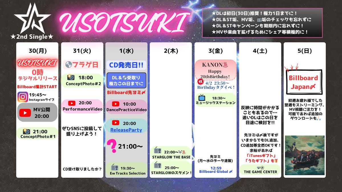 𝐒𝐓𝐀𝐑𝐒へ💫
USOTSUKIのリリーススケジュールが発表されました
初週のスケジュールを画像にまとめたのでご確認を📅
※スケジュール更新時にはこちらも更新します🫶🏻