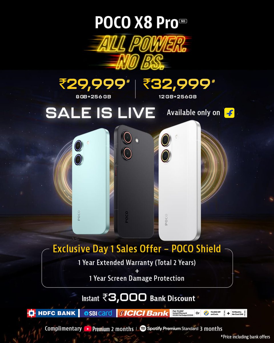 Bhavesh5253's tweet photo. The POCO X8 Pro Series is officially LIVE.
Sale is LIVE! Grab yours before it's gone.๐ฅ
And remember ๐#POCOShield is ONLY for today. ๐
@IndiaPOCO @KenSekhar @sandeep9sarma @Huilgol @digvj @AnkitSingh_08 @imrsantra
@Iamnil7 #POCOX8ProSeries #Flipkart #POCOX8ProSeriesOnFlipkart https://t.co/XW9f2qnYhW