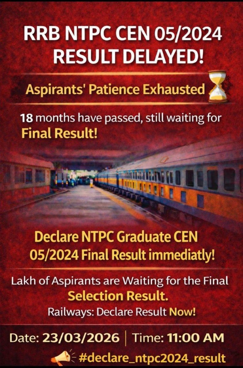 sjp4students's tweet photo. RRB NTPC CEN 05/2024 RESULT DELAYED!"
"Aspirants' Patience Exhausted"
"18 months have passed, still waiting for Final Result!"
"Declare NTPC Graduate CEN 05/2024 Final Result immediately!"
"Lakh of Aspirants are Waiting for the Final Selection Result."

"#declare_ntpc2024_result" https://t.co/lltZlENaEF