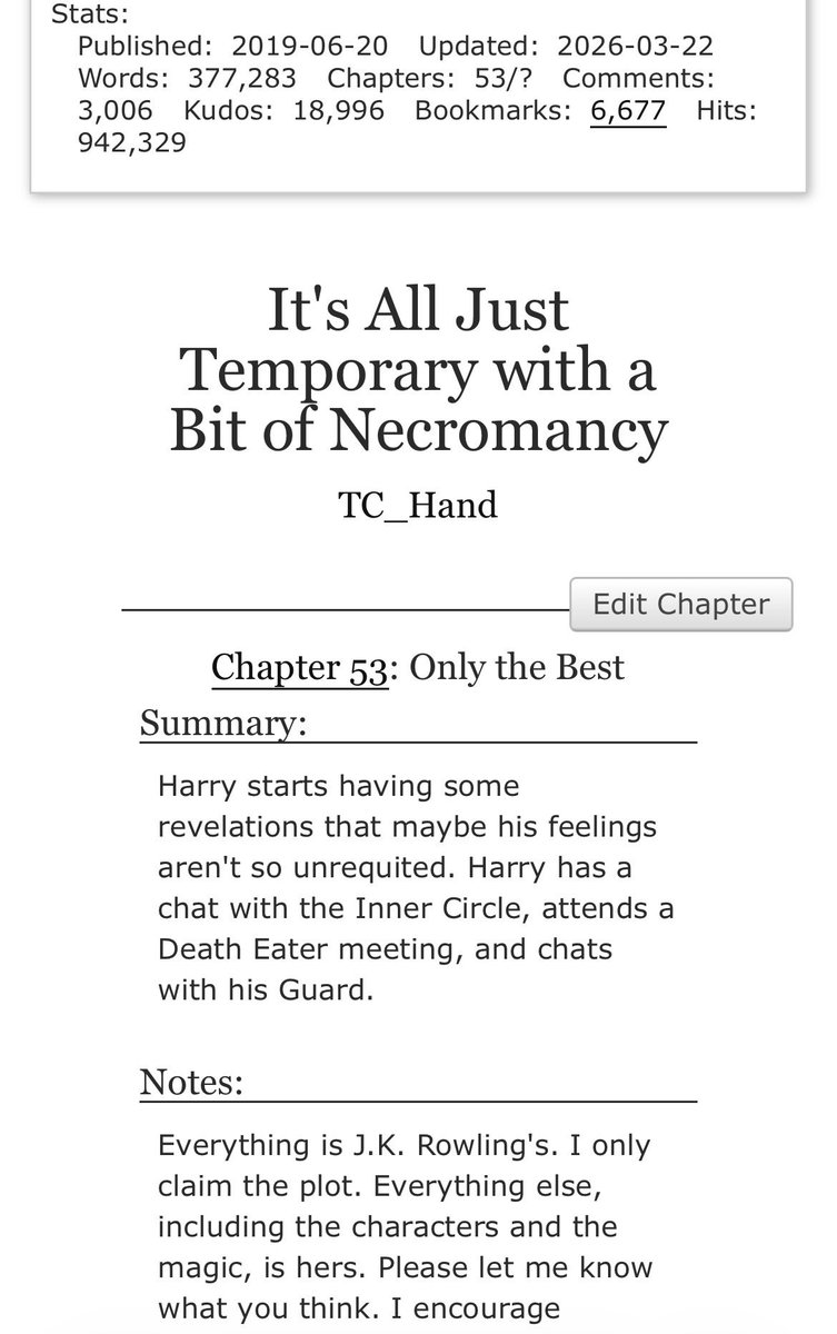 TCHand_Writer's tweet photo. Another chapter posted! Sorry for the long delay. Harry is starting to get a clue though. So that’s a positive. #fanfiction #ao3 #harrypotter #tomarry #itsalljusttemporary #hpfanfic https://t.co/hZcm7fdUaf