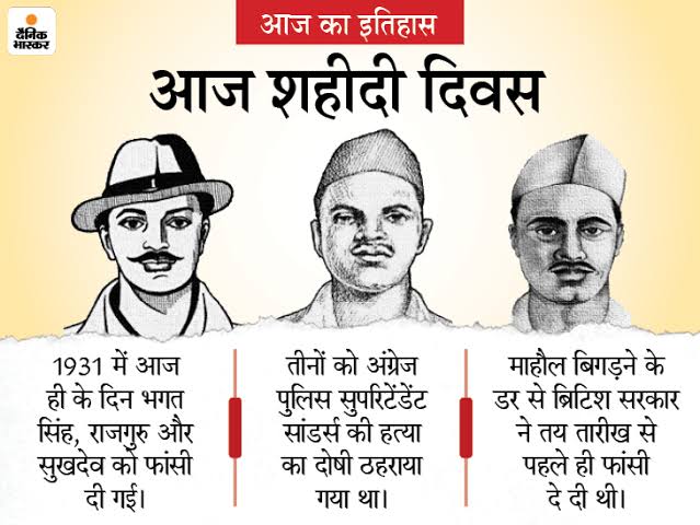 "कभी वो दिन भी आएगा
कि जब आज़ाद हम होंगें
ये अपनी ही ज़मीं होगी
ये अपना आसमाँ होगा"

भगत सिंह, सुखदेव, तथा राजगुरु को उनके शहीद दिवस पर नमन🙏🙏