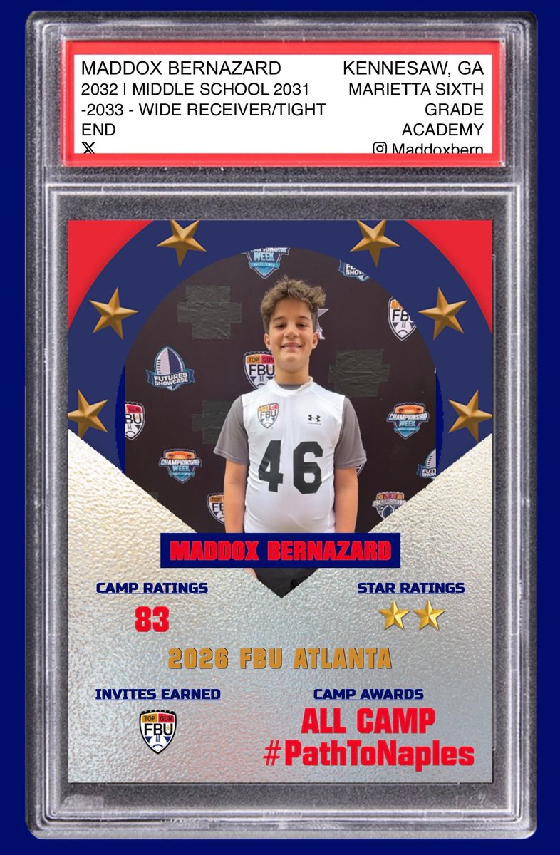 MaddoxBernFB's tweet photo. All Camp honors (“Young Guns”) @FBUcamp Atlanta.

Top Gun invite at TE — first time working the position.

Great to see longtime @MariettaFtbball teammate Rylan Bryant earn it as well, along with 5 @gmsaa FBU teammates.

#FBU #TopGun #PathToNaples #TE #DE #ClassOf2032 #AGTG https://t.co/sesGADfN3h