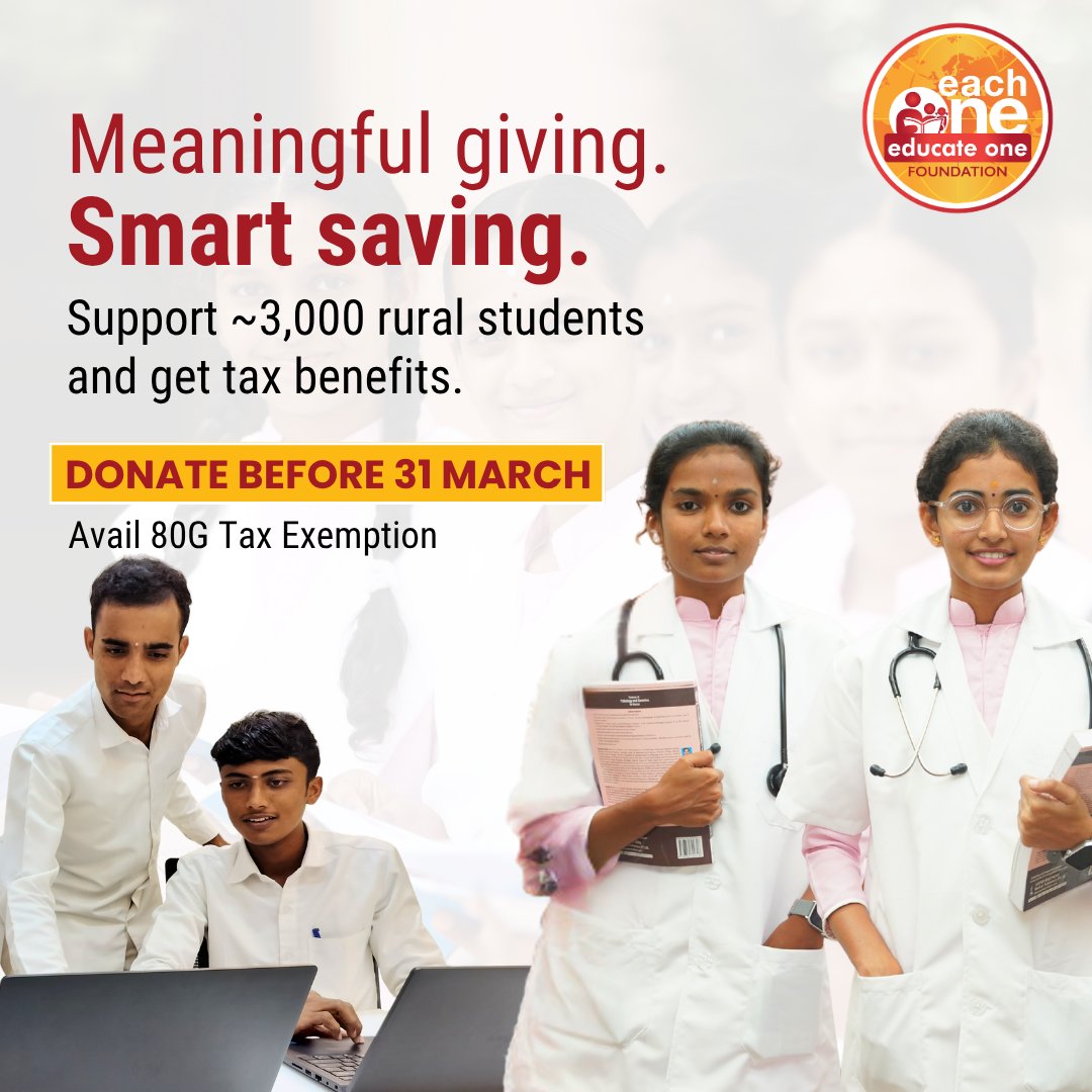 Each1EducateOne's tweet image. One donation can educate a student and ease your tax burden at the same time.
Donate now: eachoneeducateone.org/tax-exemption
#savetax #taxbenefits #donate #RuralEducation #eachoneeducateonefoundation
