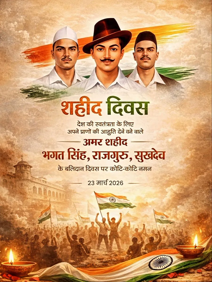 सरफरोशी की तमन्ना अब हमारे दिल में है,
देखना है जोर कितना बाज़ू-ए-क़ातिल में है।

भारत माँ के वीर सपूत भगत सिंह जी, सुखदेव जी और राजगुरु जी के शहीद दिवस पर उन्हें शत-शत नमन।
इंकलाब जिंदाबाद।