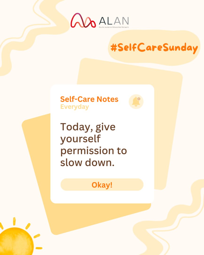 AcuteLeuk's tweet photo. πΏ #SelfCareSunday
Today, give yourself permission to slow down.
Not every day needs to be productive to be meaningful.
π Rest is part of healing.
#SelfCareSunday #WithCare #LeukemiaCommunity https://t.co/IcTUBqbyow