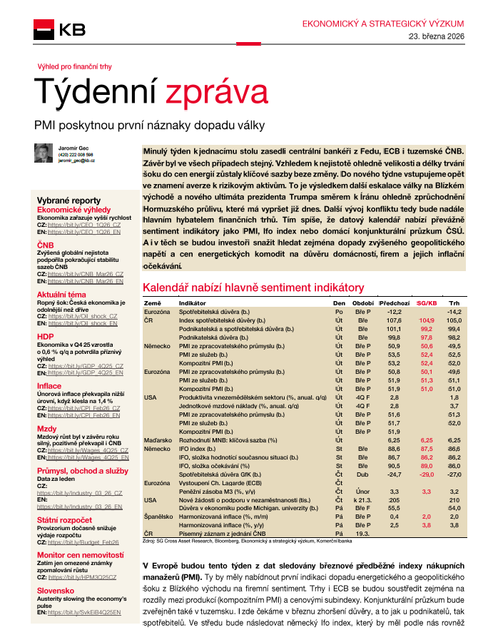 Centrální banky 🏦 nechaly sazby beze změny, trhy startují týden v režimu averze k riziku📉. Geopolitika a drahé energie dál formují sentiment. První náznaky dopadů přinesou PMI, Ifo nebo konjunkturální průzkum ČSÚ. Více v #KBtydenni👉bit.ly/4m4w6tj✍️<a href="/komercka/">Komerčka</a>.