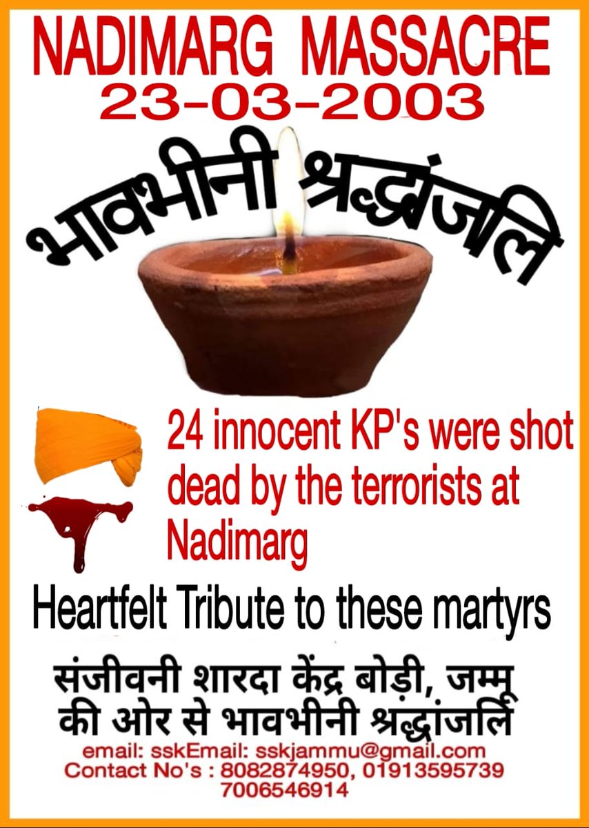 sskjammu's tweet photo. 1/8 Remembering the Nadimarg Massacre  
Thread,👇👇
On March 23, 2003, 24 #KashmiriHindus, including 11 Men,  11 women &amp; 2 children, were brutally killed by terrorists in #Nadimarg , a village near Bijbehara. A dark chapter in the genocide of Kashmiri Hindus. #NadimargMassacre https://t.co/TDyivOYp58