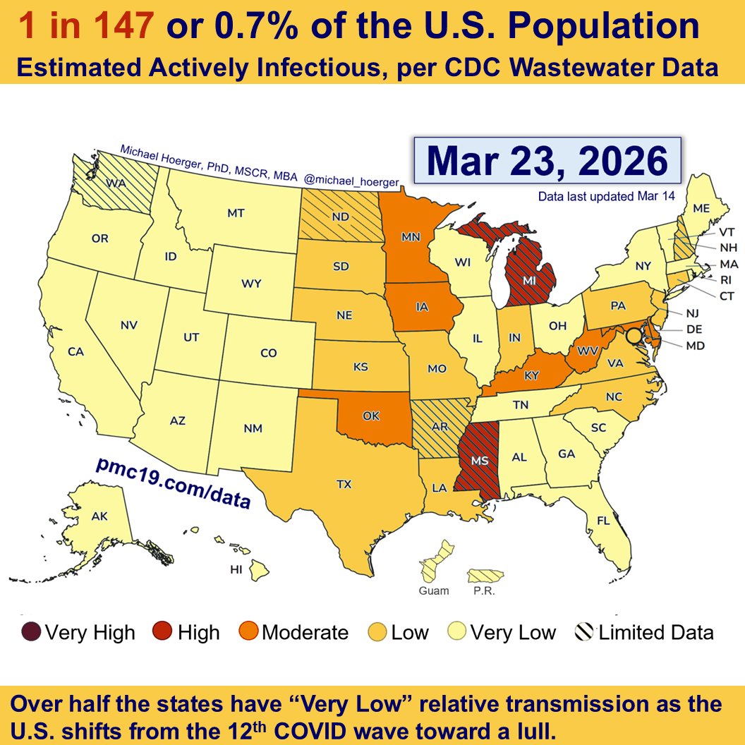 Heat map using CDC levels and PMC estimate of prevalence (1 in 147 actively infectious nationwide).