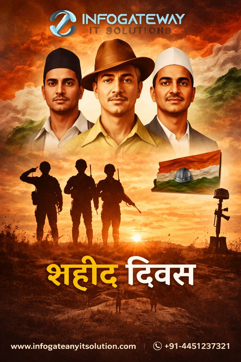 InfogatewayITS's tweet photo. 🇮🇳 **शहीद दिवस** 🇮🇳
📞 Mobile: +91-9451237321

#ShaheedDiwas #BhagatSingh #Rajguru #Sukhdev #IndianHeroes https://t.co/knYlTIqJHt