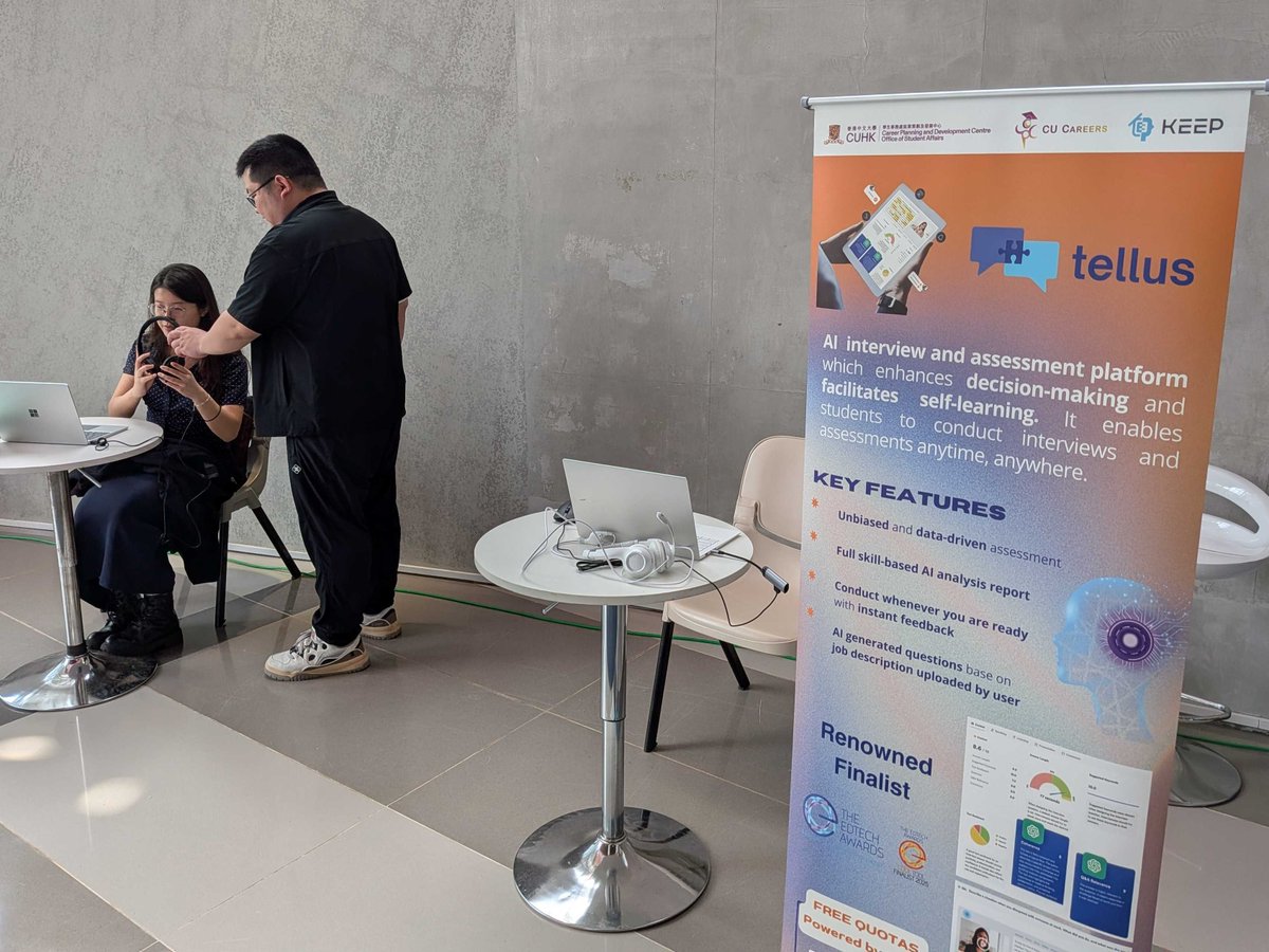 KEEP_HK's tweet photo. Thank you to all the amazing students who stopped by our booth at the Global Internship Fair (GIP) 2026! 
It was fantastic seeing so many of you dive into Tellus — our AI-powered interview practice tool to boost your confidence. 🤖✨

#AIinEducation #InterviewPrep #Tellus #CUHK https://t.co/N90BAL5Z3W