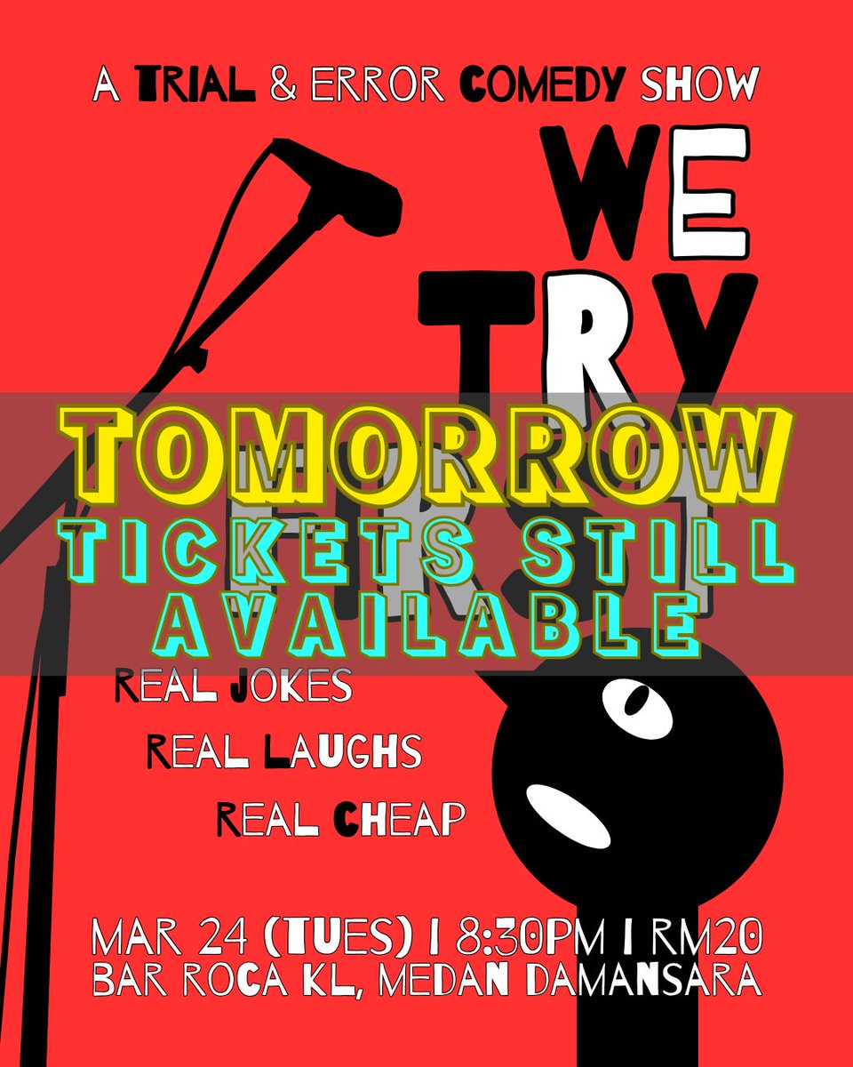 Raw, unfiltered, organic &amp; pure Malaysian comedy for a low price! WE TRY FIRST features top local comics unveiling their latest jokes for a night of solid laughs. Book your tickets at forms.gle/UJqsiZfuRvEn1U… and we'll see you very soon!