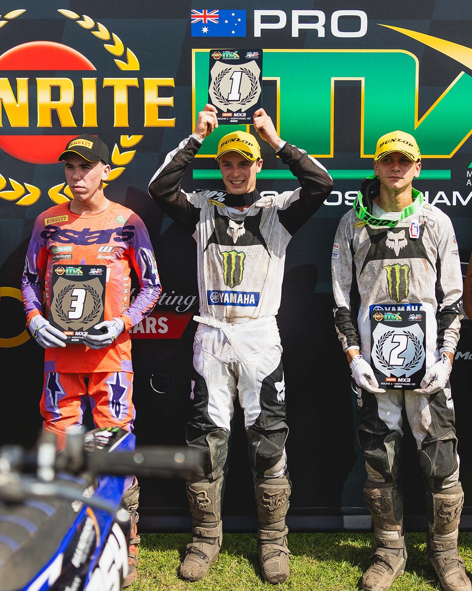 motoonlineaus's tweet photo. 📸 Jack Deveson claimed the MX3 overall on debut with WBR Yamaha ahead of teammate Hayden Draper, as Jackson Fuller completed the podium. In MX85 action, Blake Bohannon was unstoppable with a 1-1, followed by Jayce Stocker and Liam Millard. @foremostmedia #MotoOnline #ProMX https://t.co/pKZrPyG881