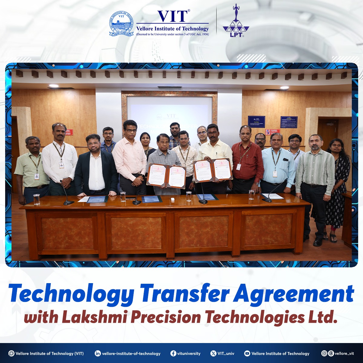 VIT_univ's tweet image. We are happy to announce a successful technology transfer between VIT and Lakshmi Precision Technologies Limited! Together, we are deploying the AI-based Elephant Intrusion Avoidance System.
#VITVellore #TechTransfer #Innovation #LakshmiPrecision #SustainableTech #AgriTech
