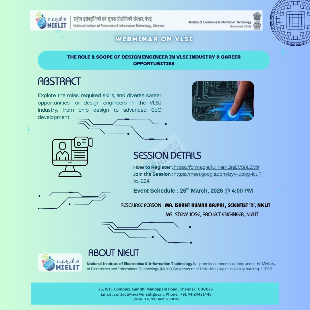 CHN_NIELIT's tweet image. Why just code… when you can design chips?

Join our FREE webinar on the topic of Role and Scope of Design Engineer in VLSI 📷

📷 26 March 2026 📷 4 PM
📷 forms.gle/kJHramQniEVSRL…

Seats filling fast!

#VLSI #Embedded #Hardware #TechCareers