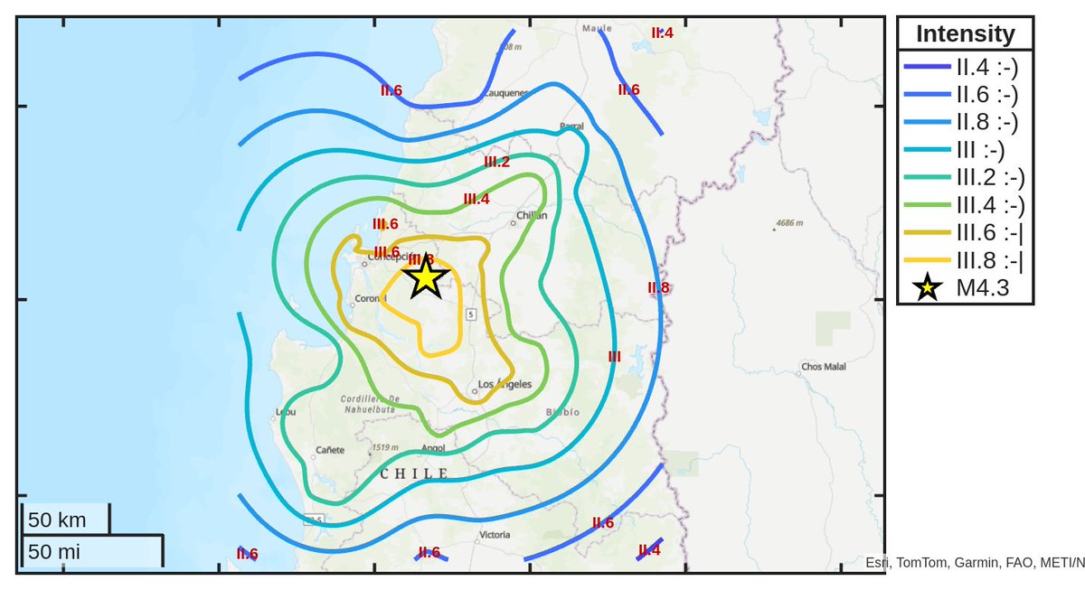 SismoDetector's tweet photo. Mapa de intensidad del #sismo M4.3 ocurrido a las 04:44:14 (UTC) con epicentro a 31 km de #Concepción, Chile. Descarga la app Sismo Detector desde https://t.co/jS9crK4Riw para recibir alertas en tiempo real en tu smartphone https://t.co/5bz8fbmxHQ