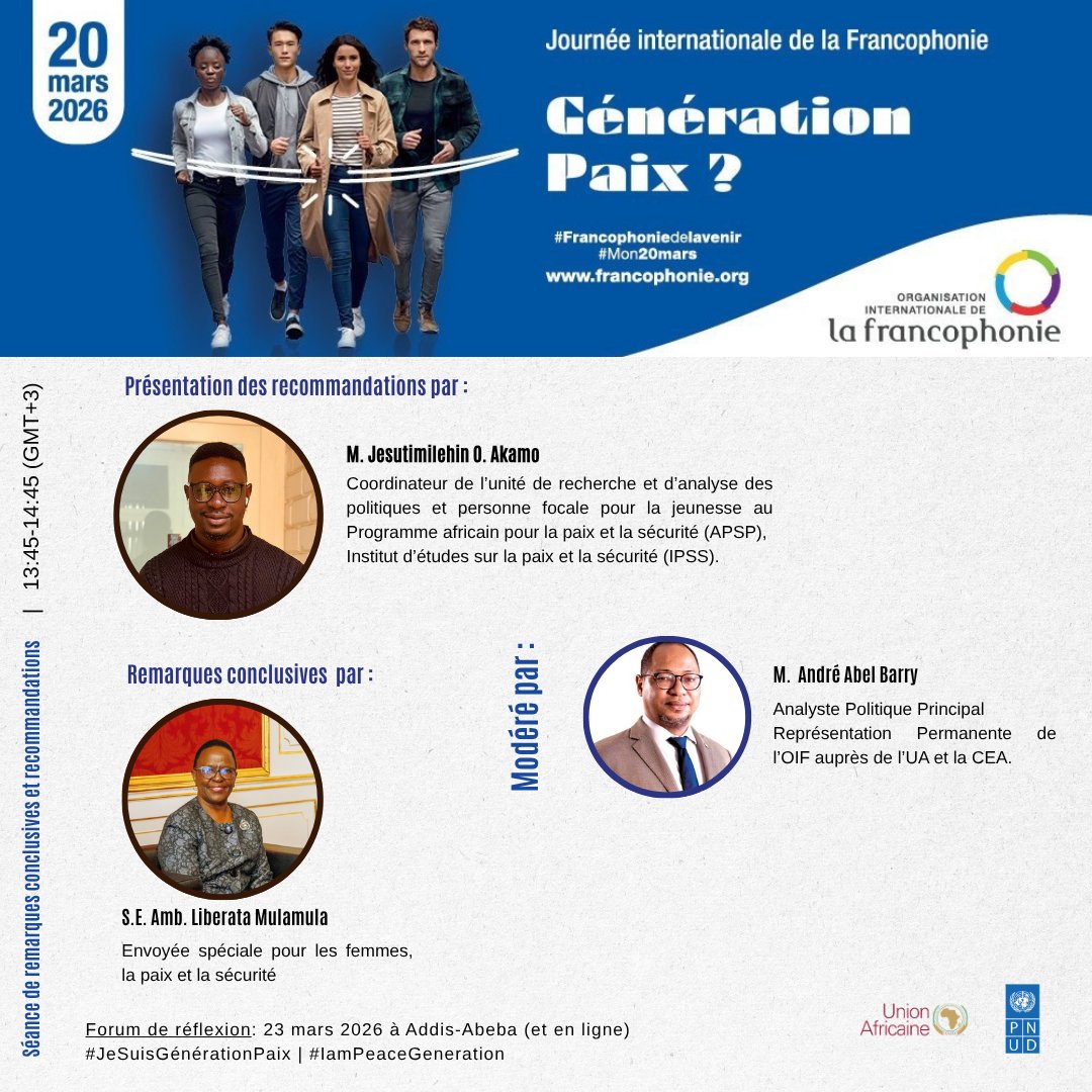 RPUA_OIF's tweet image. Rejoignez nous aujourd'hui à l'@_AfricanUnion dans la salle de réunion Plenary Hall du batiment Julius Nyerere pour participer au Forum de réflexion " Génération Paix ? Contribution de la jeunesse pour un monde plus apaisé"  
#JeSuisGenerationPaix #Mon20mars