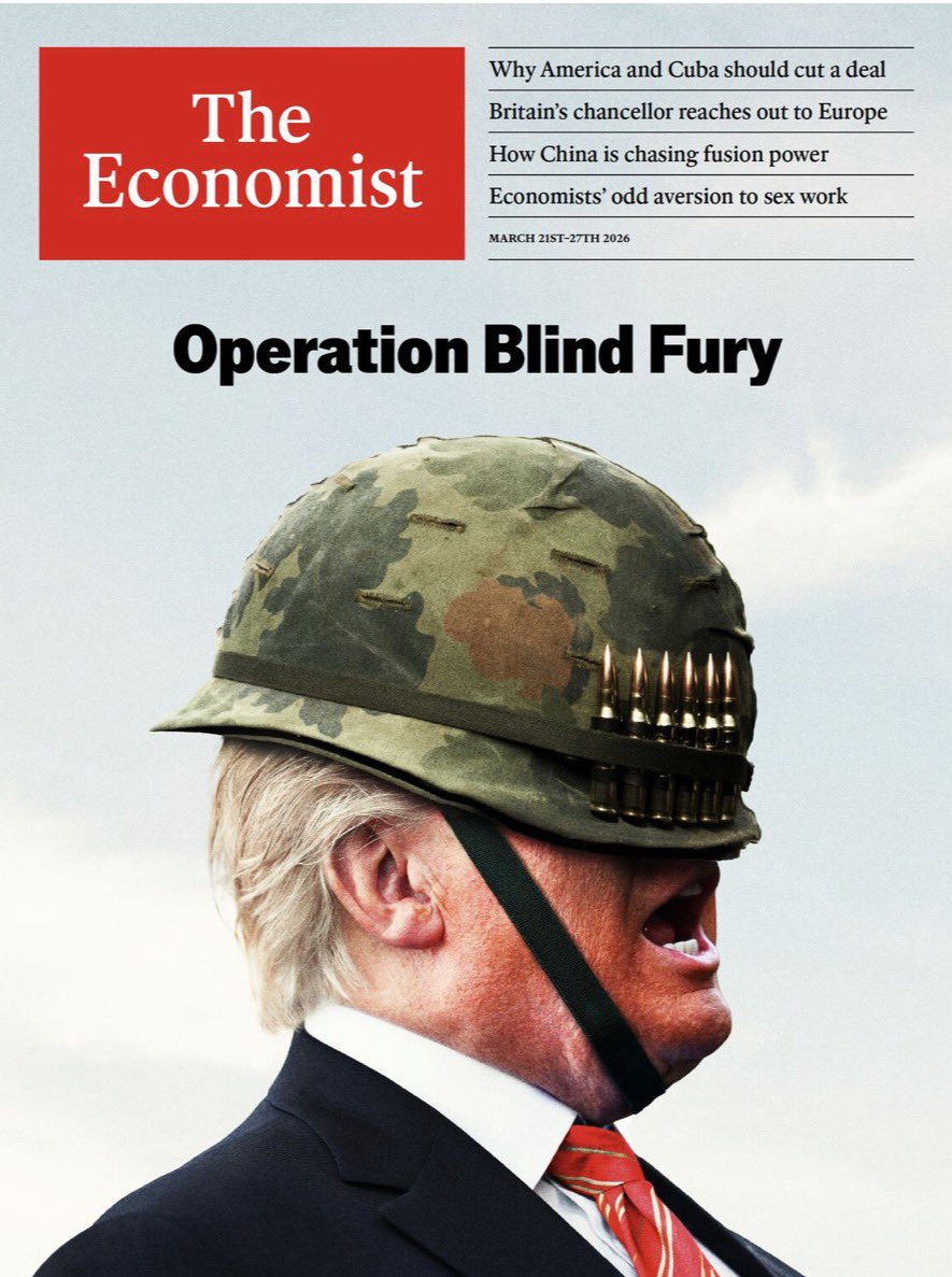 La portada de The Economist no retrata a #Trump: lo desenmascara. Le pone un casco que le ciega, munición que no piensa y una boca gritando órdenes en una guerra que ya no domina. Es un presidente convertido en soldadito de opereta imperial, enceguecido por su propio acero,